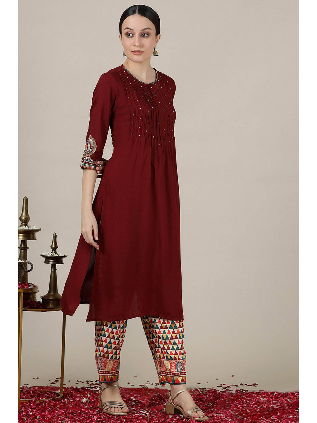 Maroon Sequined Straight Kurta with Pleated Yoke | FY93 - view 7