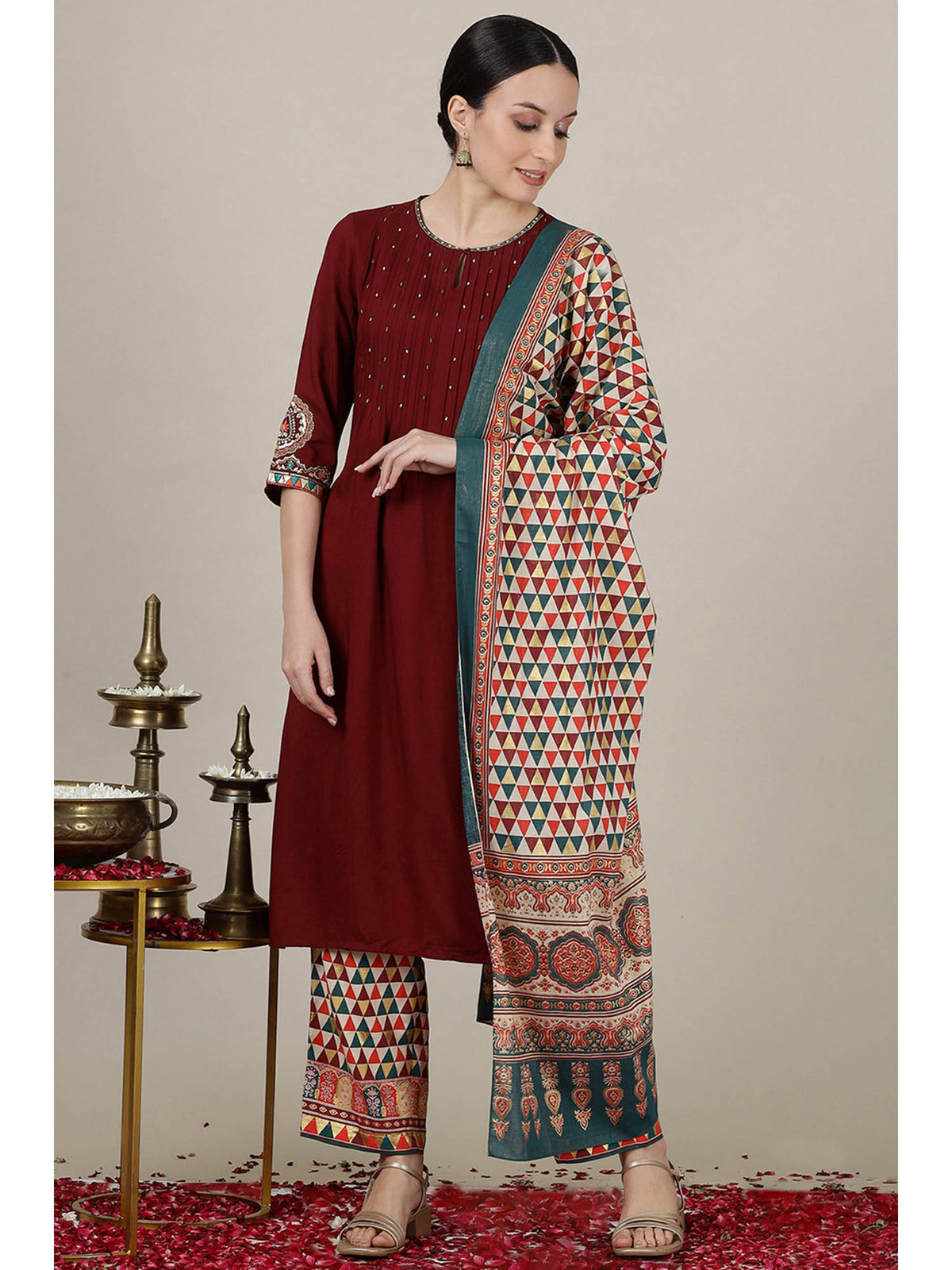 Maroon Sequined Straight Kurta with Pleated Yoke | FY93 - view 8
