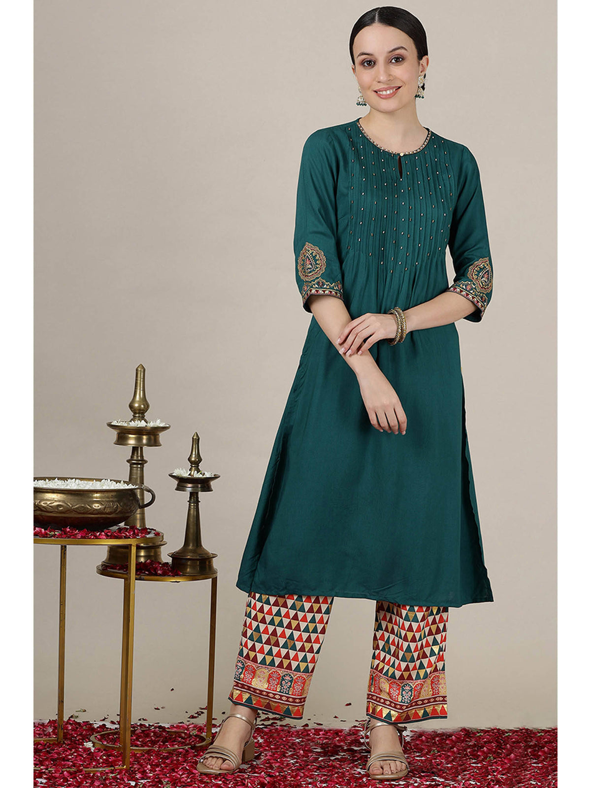 Emerald Green Sequined Straight Kurta with Pleated Yoke | U3S - view 1