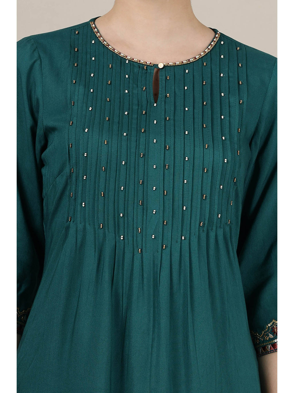 Emerald Green Sequined Straight Kurta with Pleated Yoke | KDG - view 3
