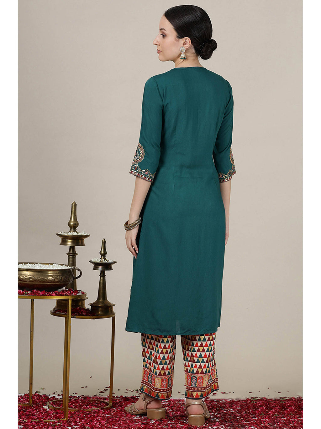 Emerald Green Sequined Straight Kurta with Pleated Yoke | KDG - view 5