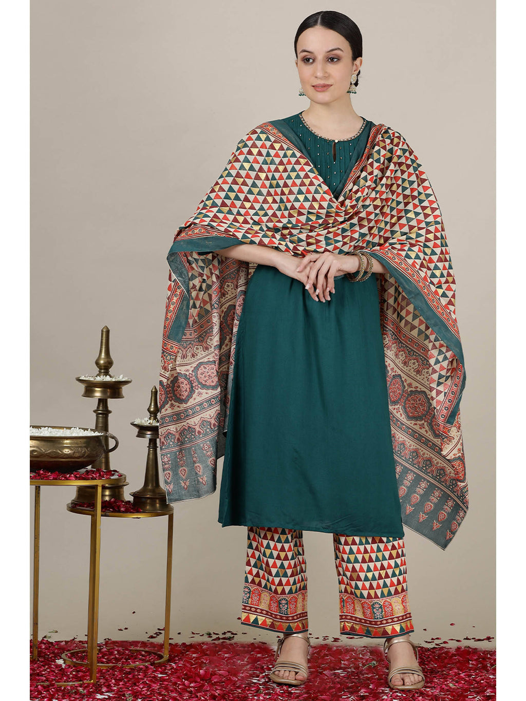 Emerald Green Sequined Straight Kurta with Pleated Yoke | FY93 - view 7