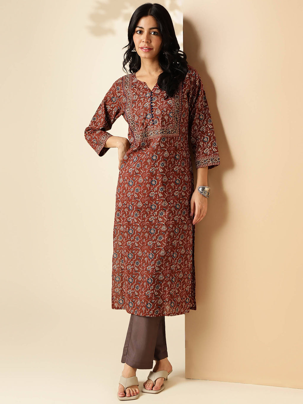 Womens Floral Print Straight Cotton Brown Stitched Kurta | FY93 - view 1