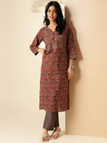 Womens Floral Print Straight Cotton Brown Stitched Kurta | FY93 - view 1