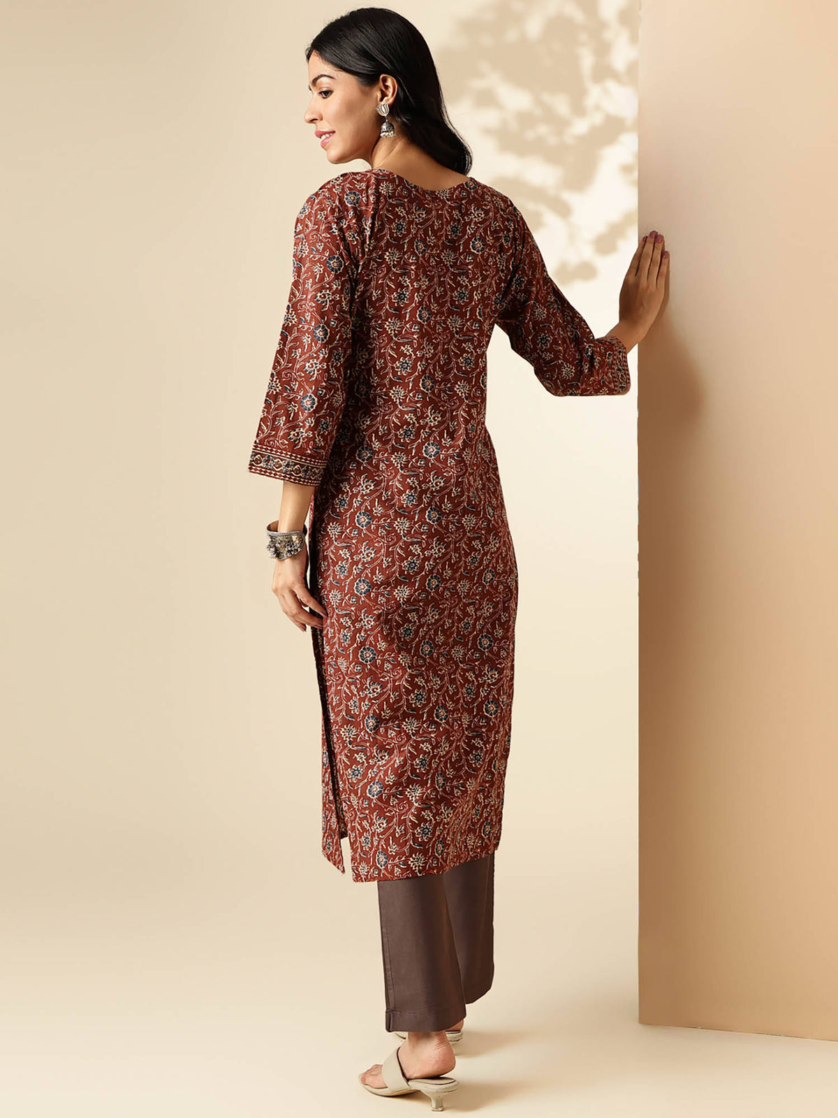 Womens Floral Print Straight Cotton Brown Stitched Kurta | U3S - view 2
