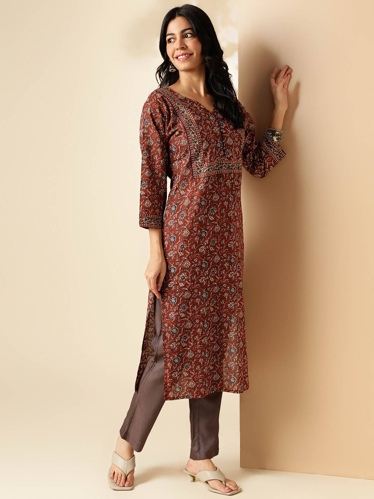 Womens Floral Print Straight Cotton Brown Stitched Kurta | FY93 - view 3