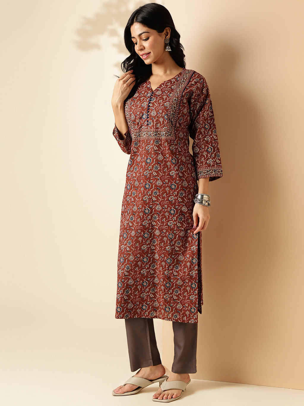 Womens Floral Print Straight Cotton Brown Stitched Kurta | FY93 - view 4