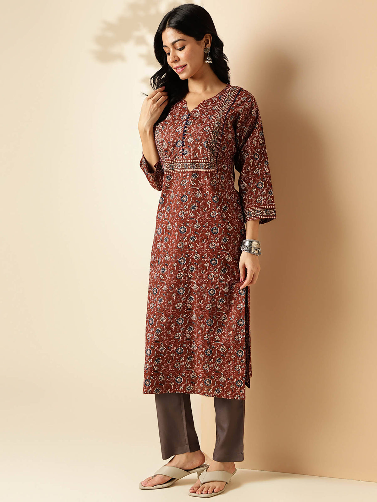 Womens Floral Print Straight Cotton Brown Stitched Kurta | FY93 - view 4