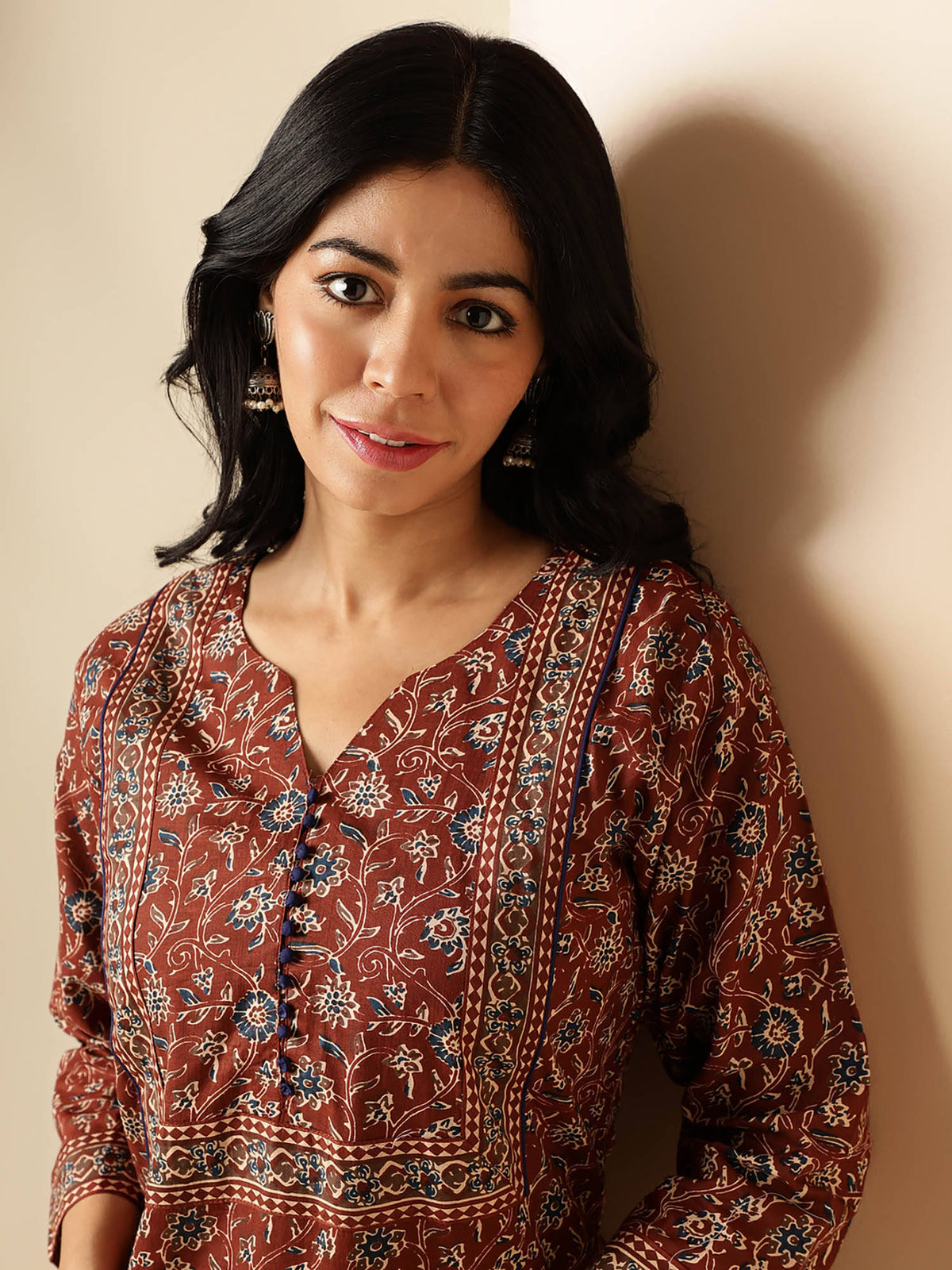 Womens Floral Print Straight Cotton Brown Stitched Kurta | U3S - view 5