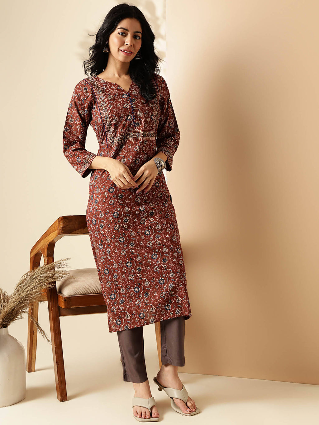 Womens Floral Print Straight Cotton Brown Stitched Kurta | FY93 - view 6