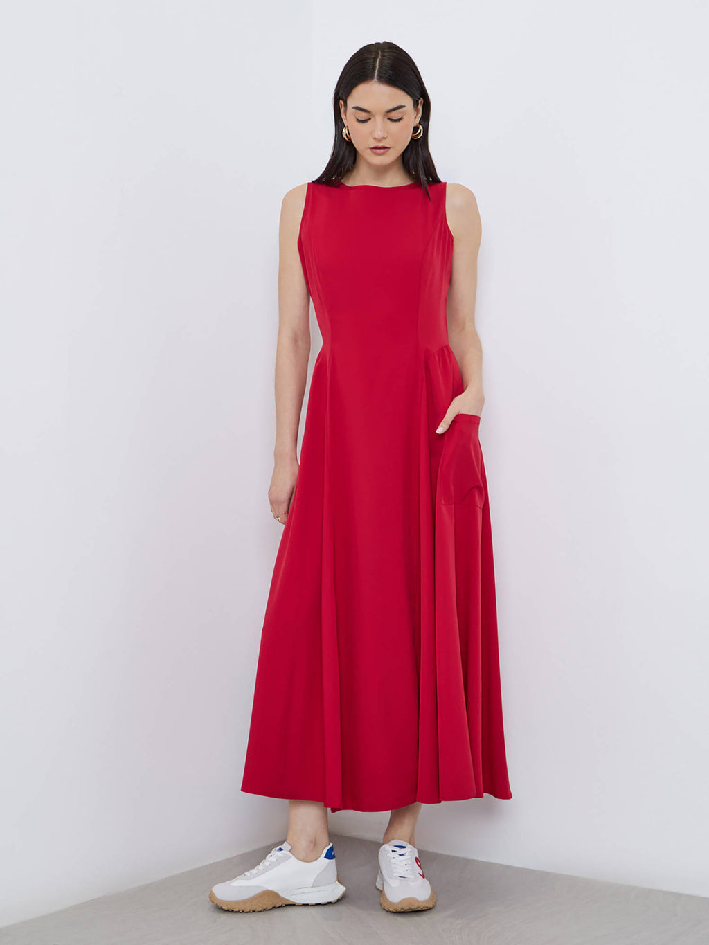 Women's Red Solid Sleeveless A-Line Midi Dress | D56 - view 1