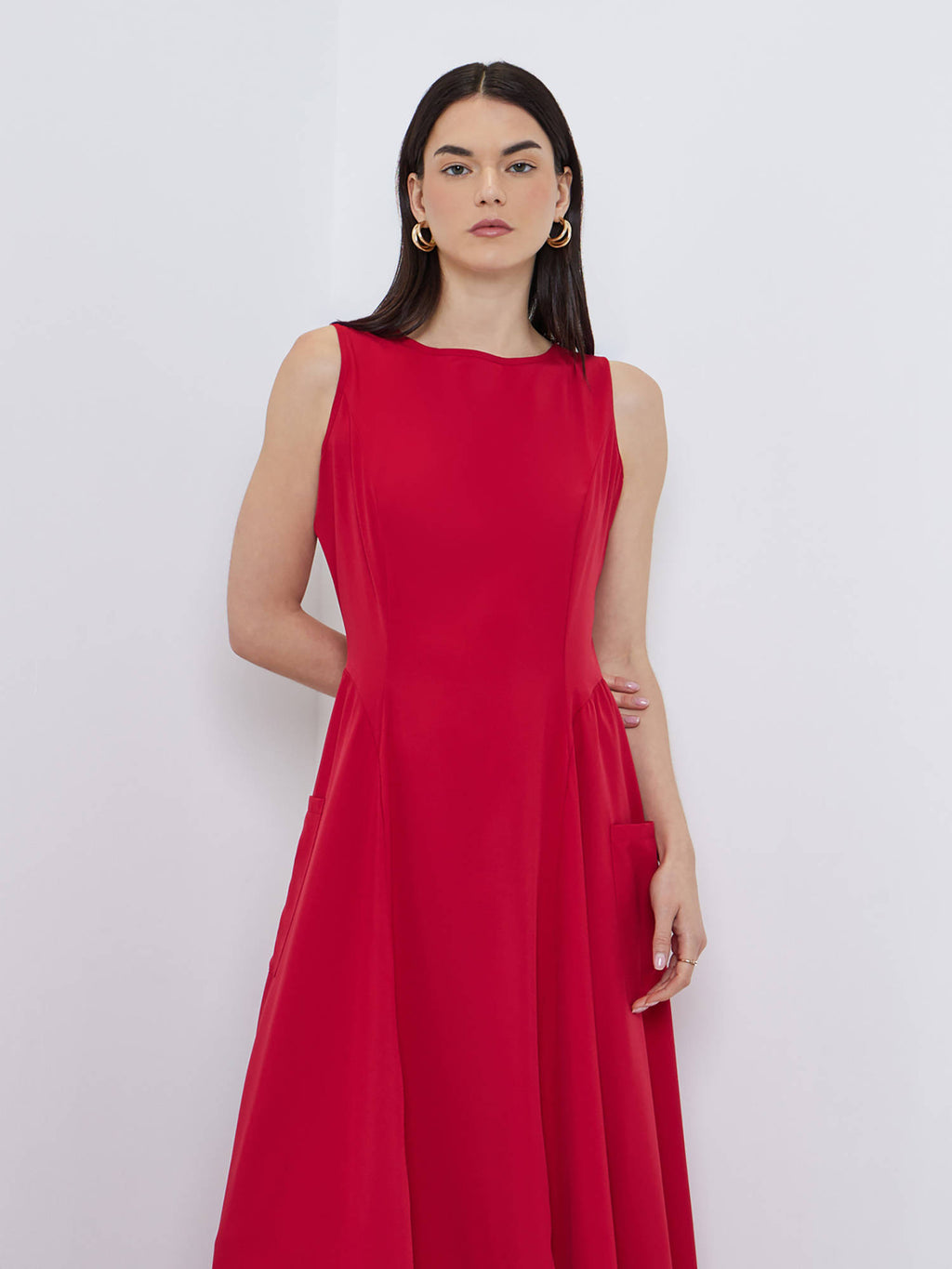Women's Red Solid Sleeveless A-Line Midi Dress | D56 - view 2