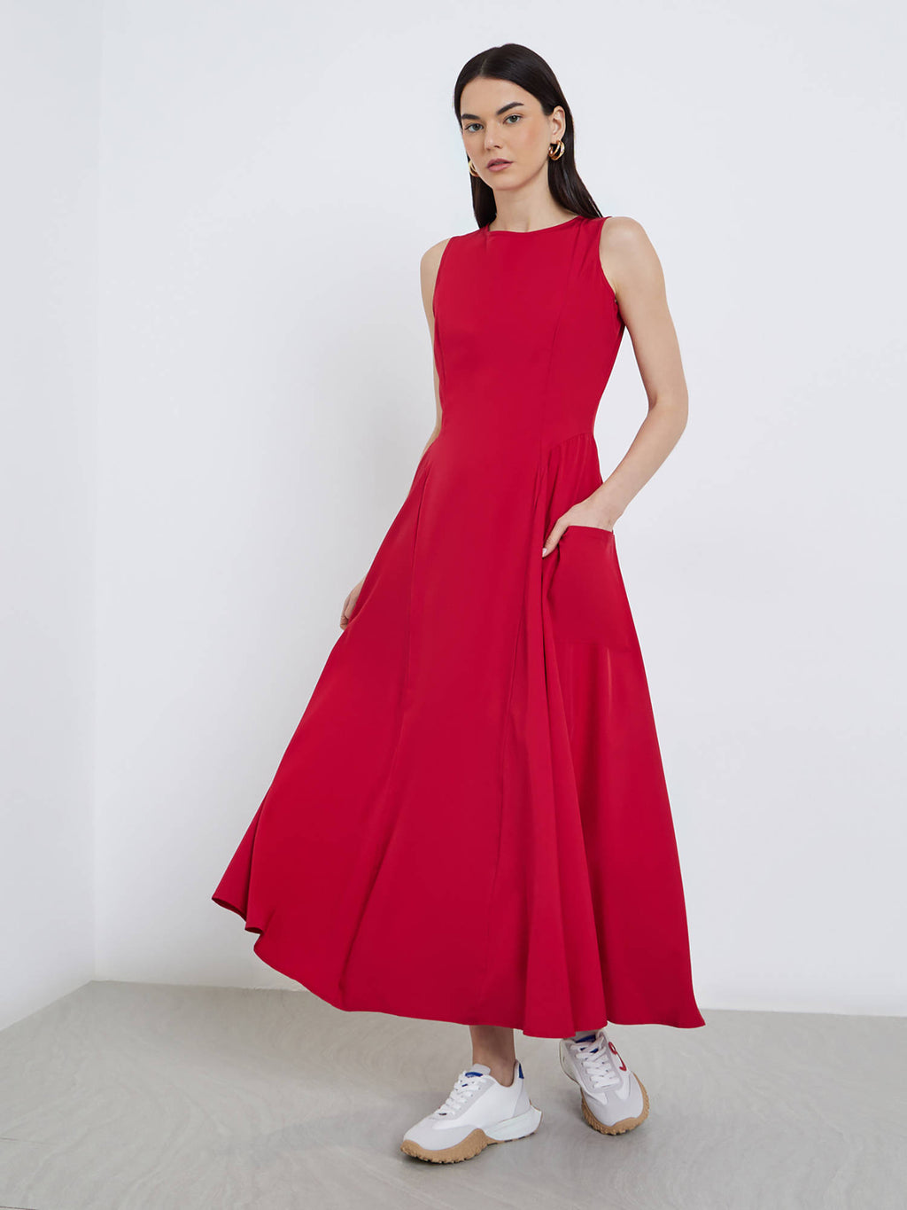 Women's Red Solid Sleeveless A-Line Midi Dress | D56 - view 3