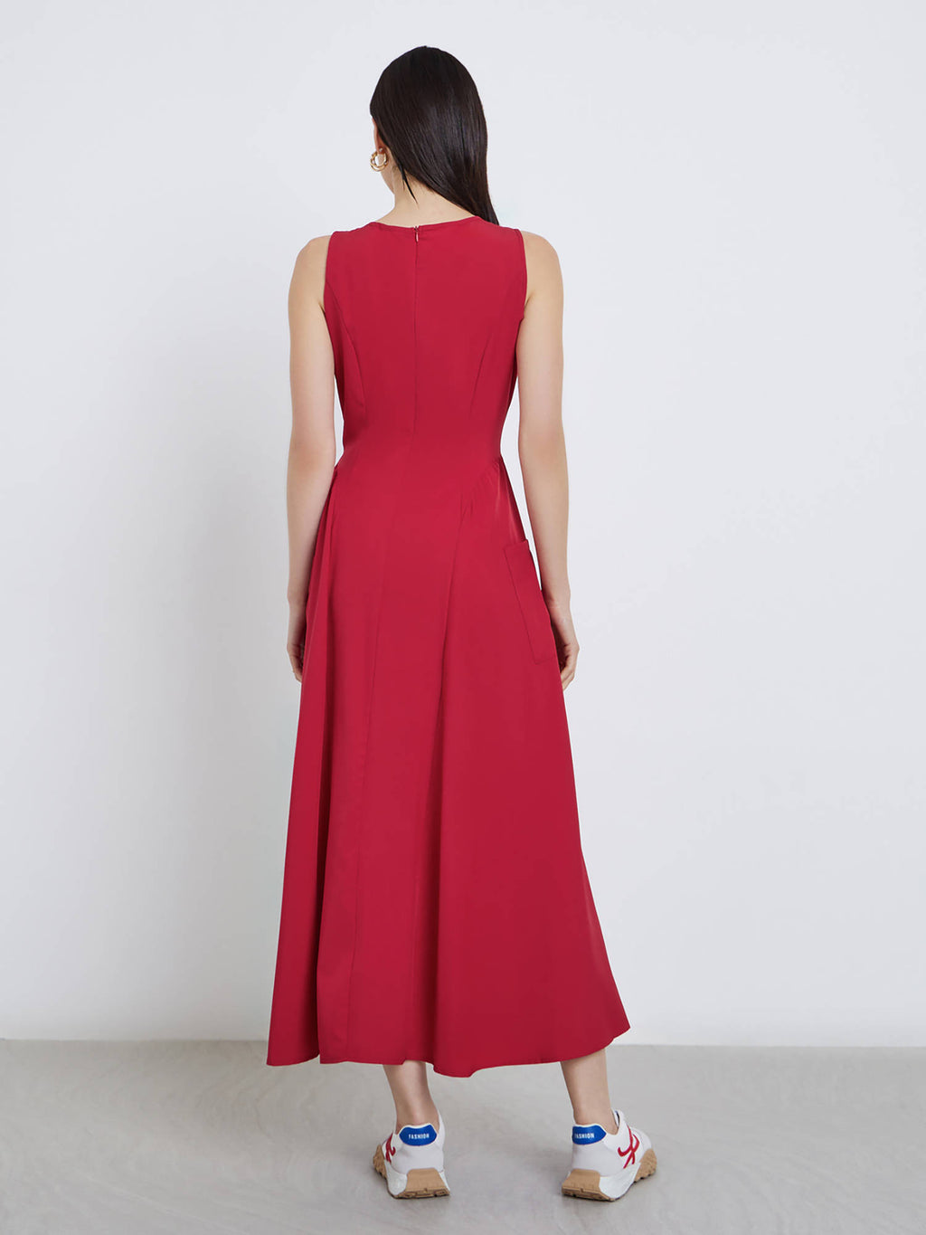 Women's Red Solid Sleeveless A-Line Midi Dress | D56 - view 5