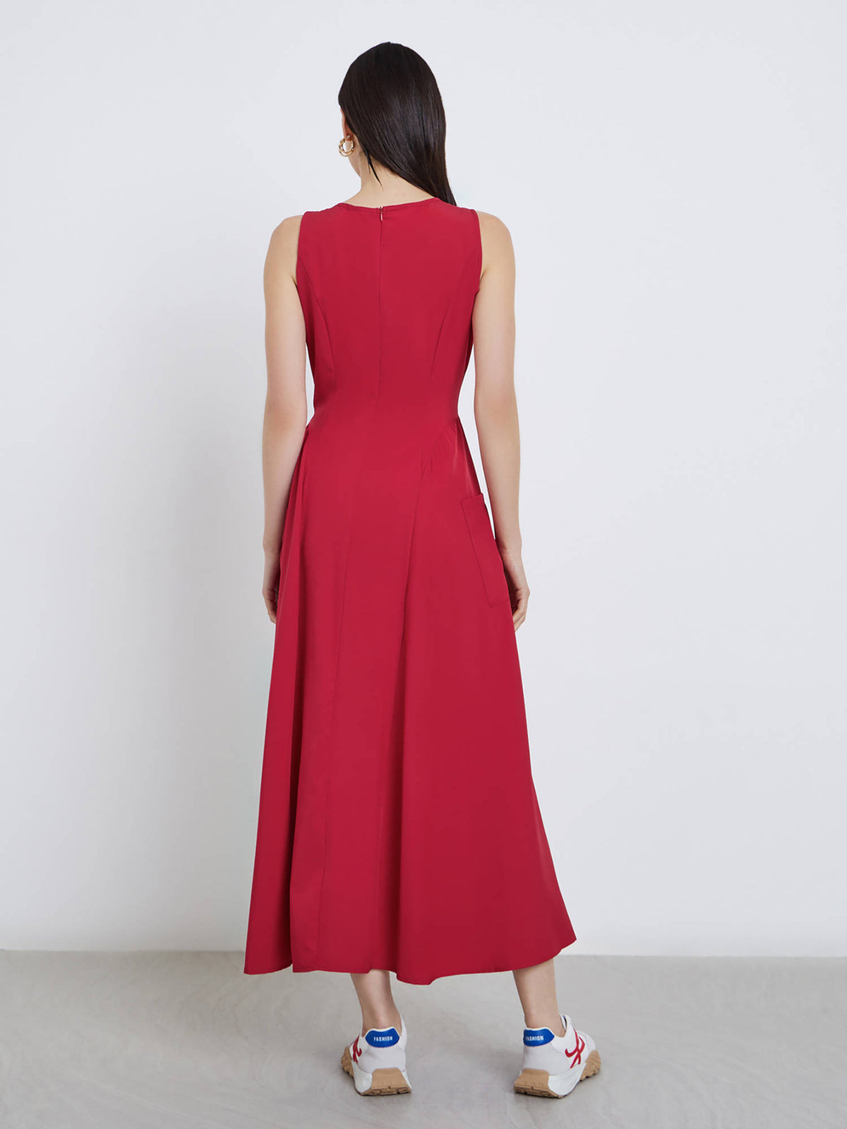 Women's Red Solid Sleeveless A-Line Midi Dress | D56 - view 5