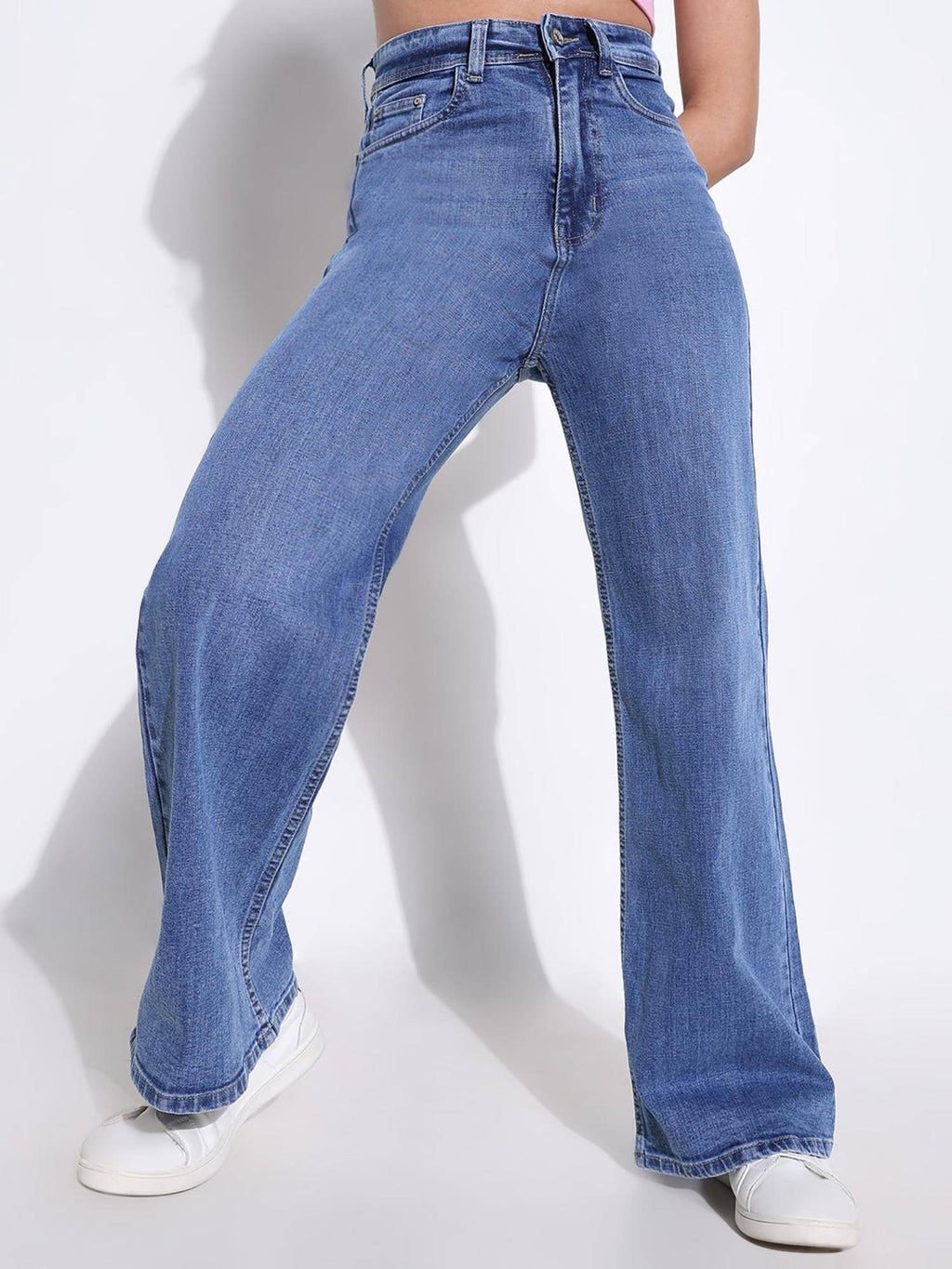 Basic Womens Solid Blue Wide Leg Jeans | WL90 - view 2