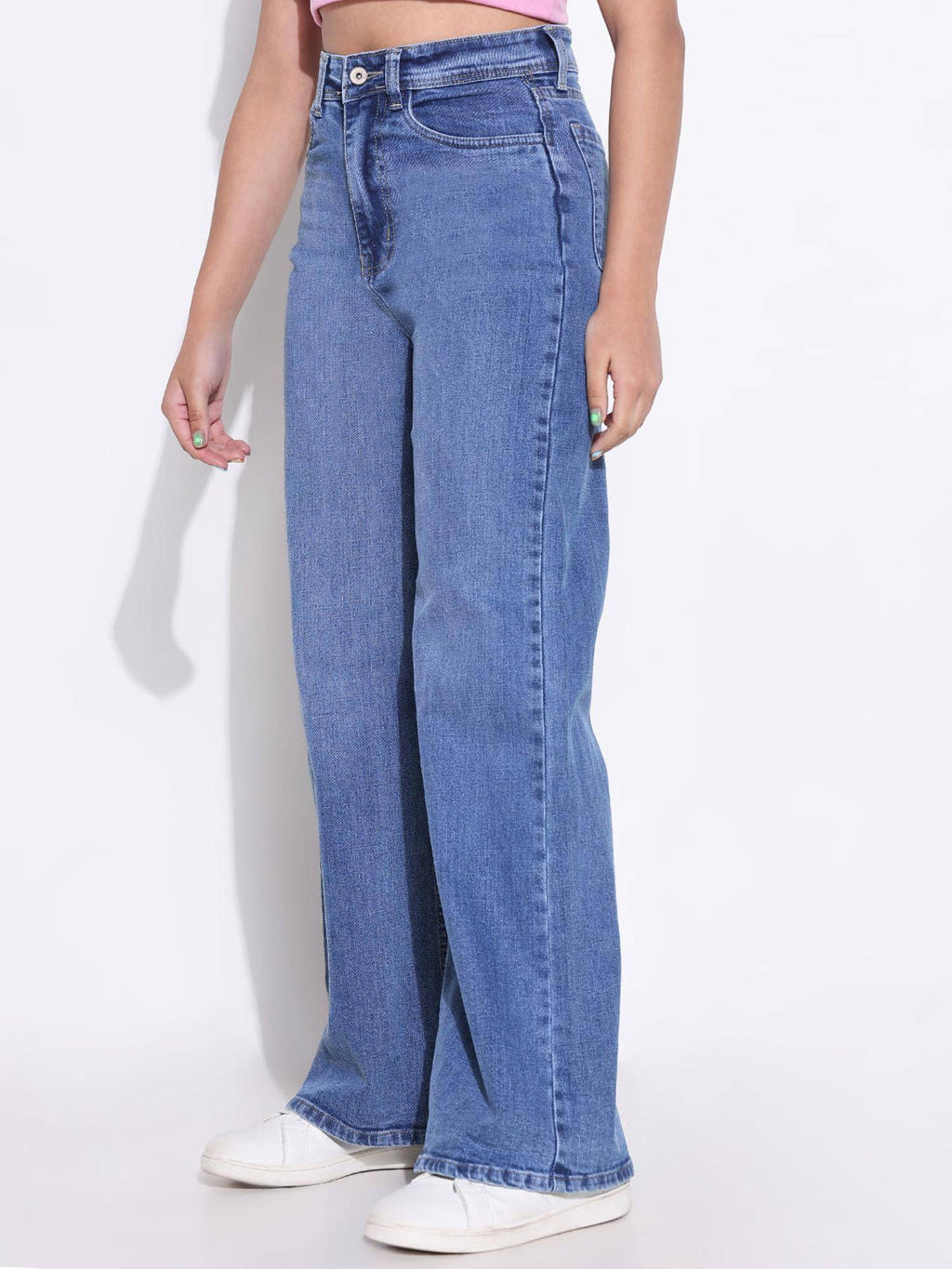 Basic Womens Solid Blue Wide Leg Jeans | WL90 - view 3