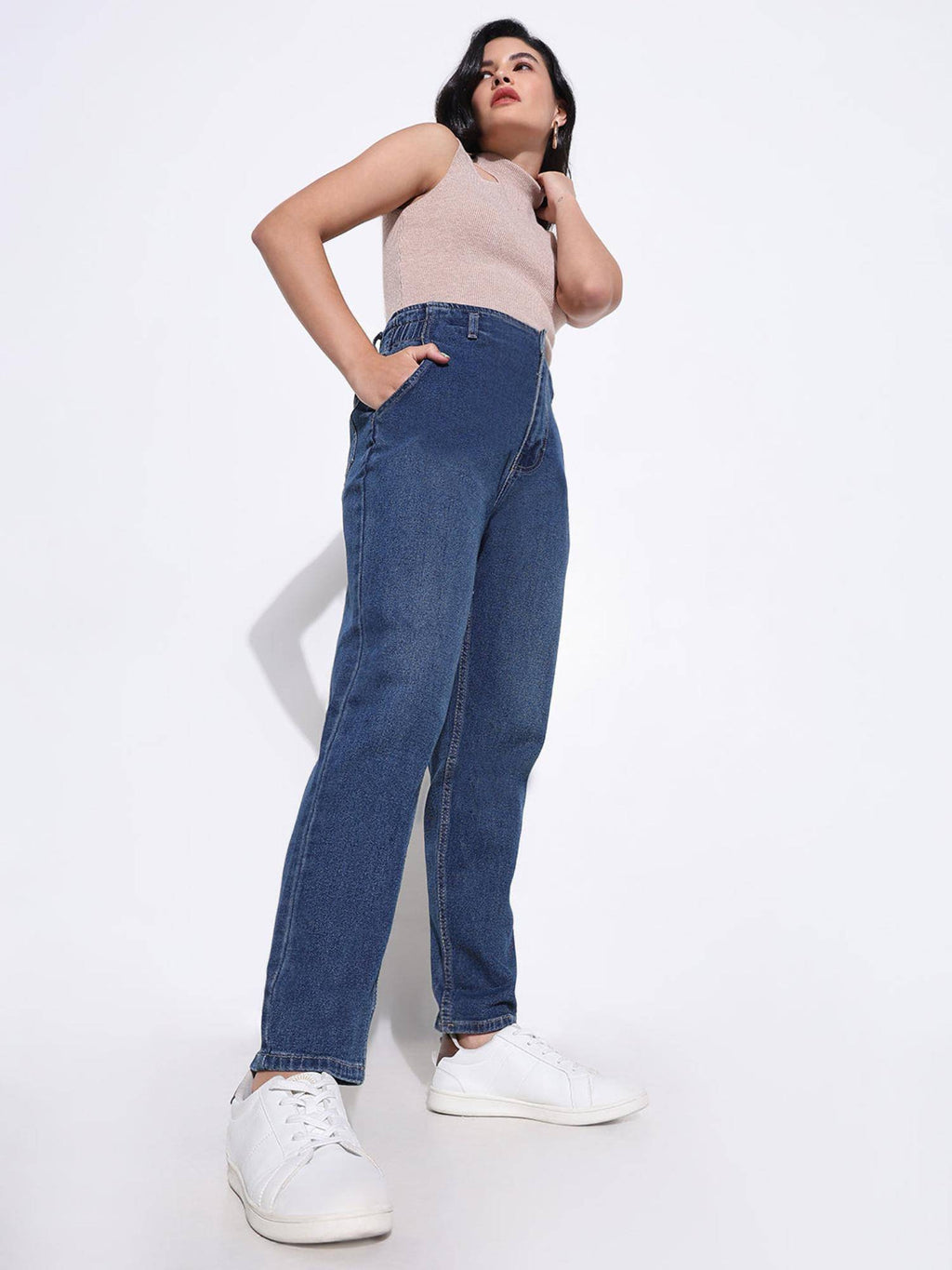 Basic Womens Solid Blue Mom Fit Jeans | ST23 - view 5