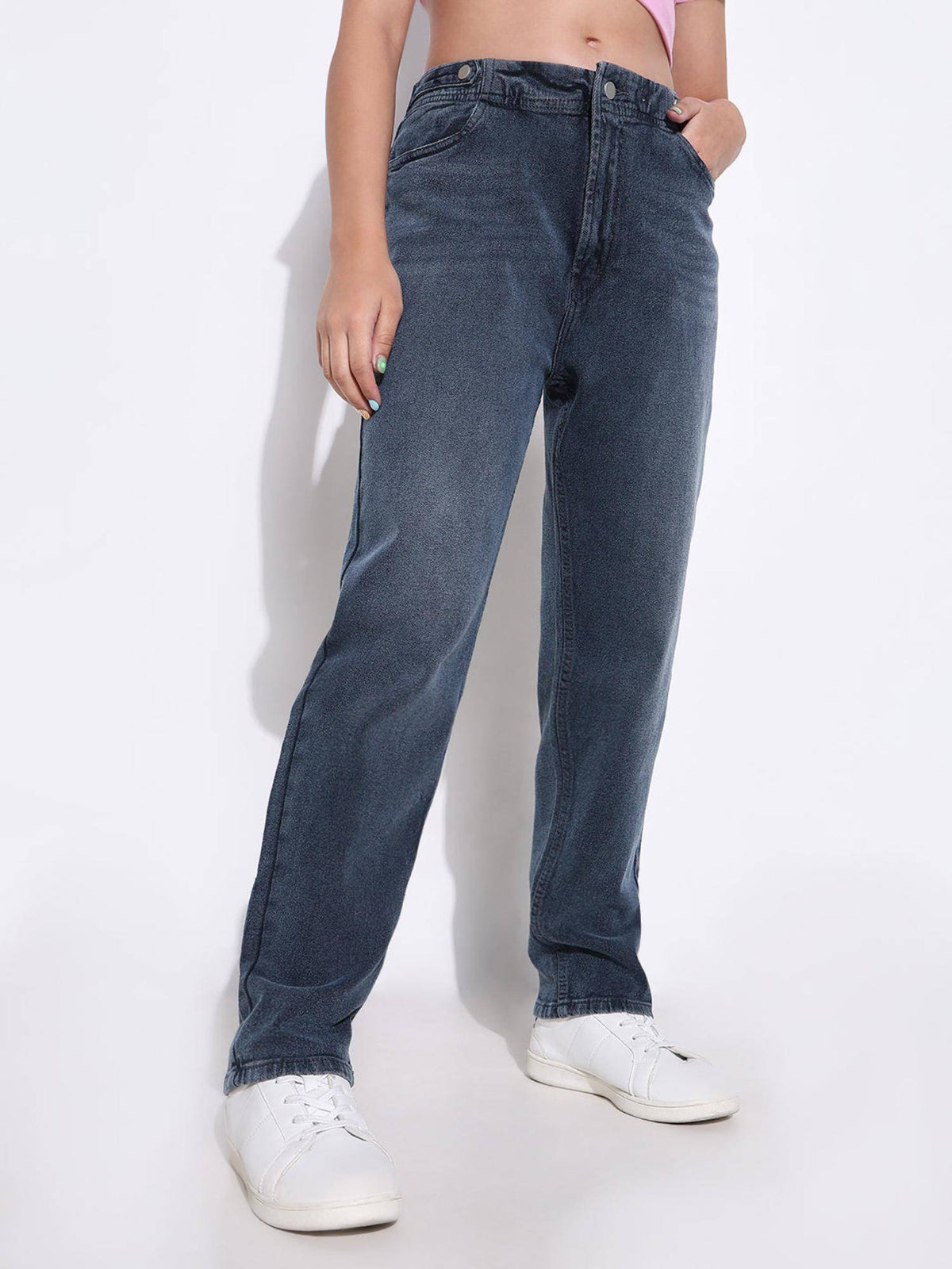 Basic Womens Solid Blue Straight Fit Jeans | ST23 - view 2