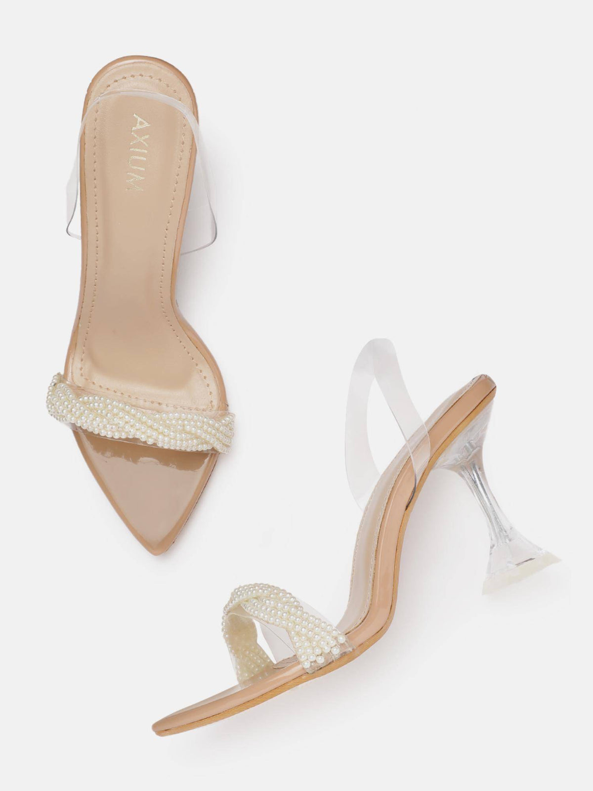 Pearl Embellished Beige Transparent Hourglass Heels | H78 - view 2