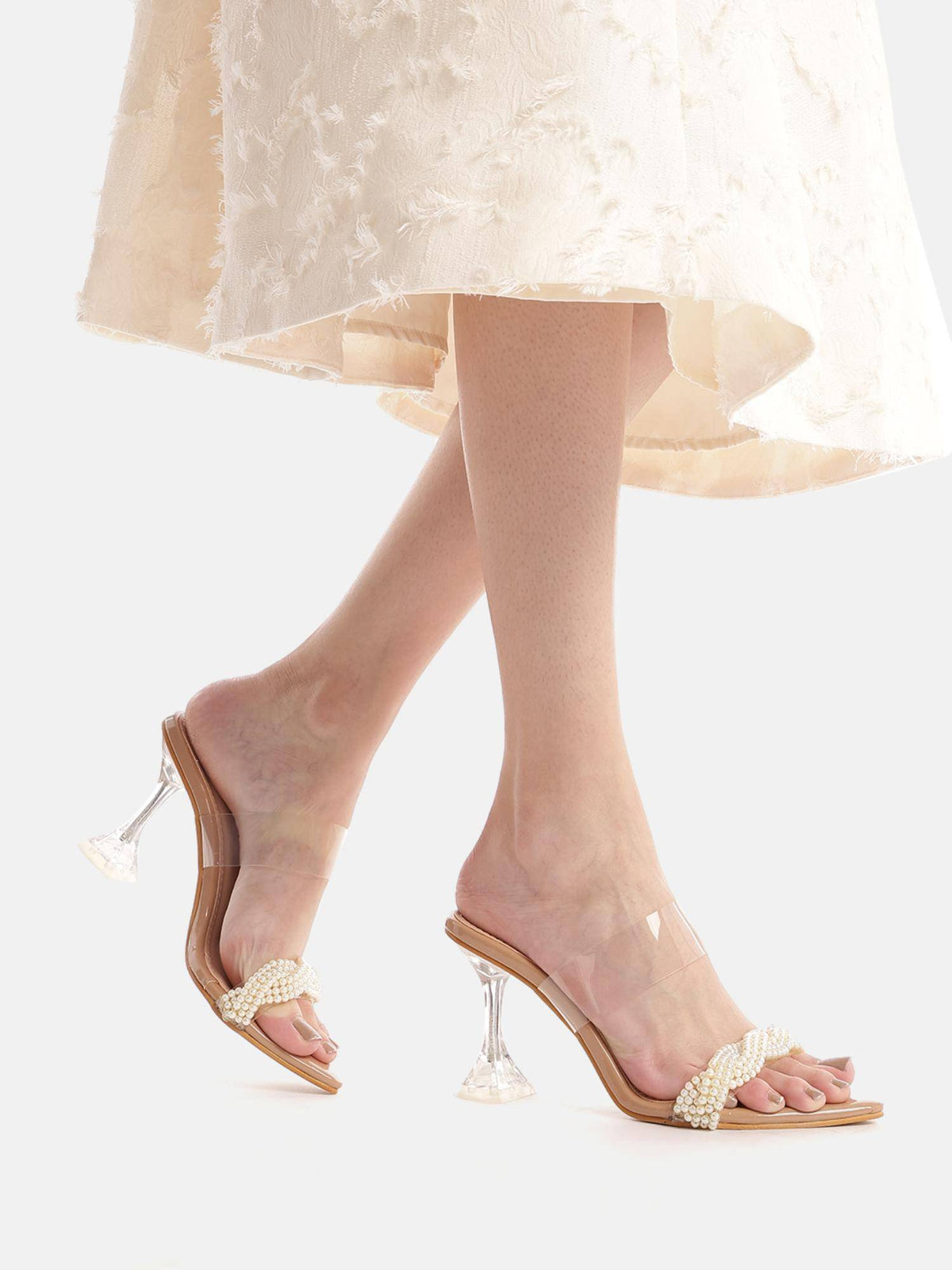 Pearl Embellished Beige Transparent Hourglass Heels | H78 - view 1
