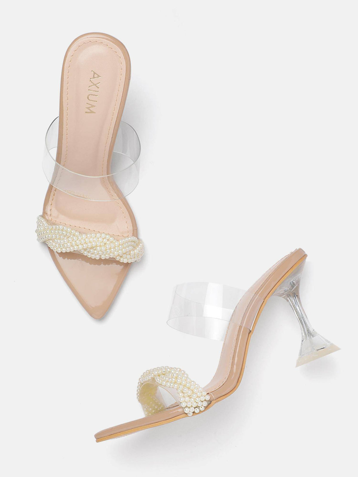 Pearl Embellished Beige Transparent Hourglass Heels | H78 - view 2