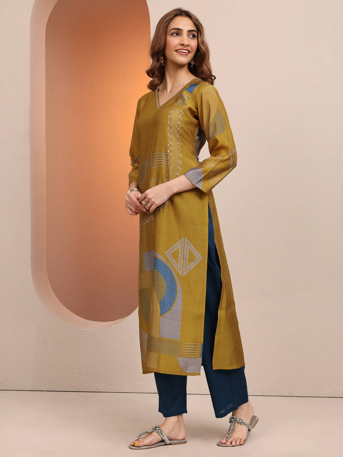 Mustard Geometric and Floral Motifs Printed Straight Kurta | FY93 - view 3