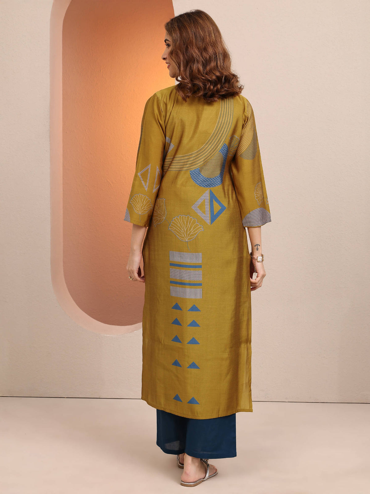 Mustard Geometric and Floral Motifs Printed Straight Kurta | FY93 - view 4