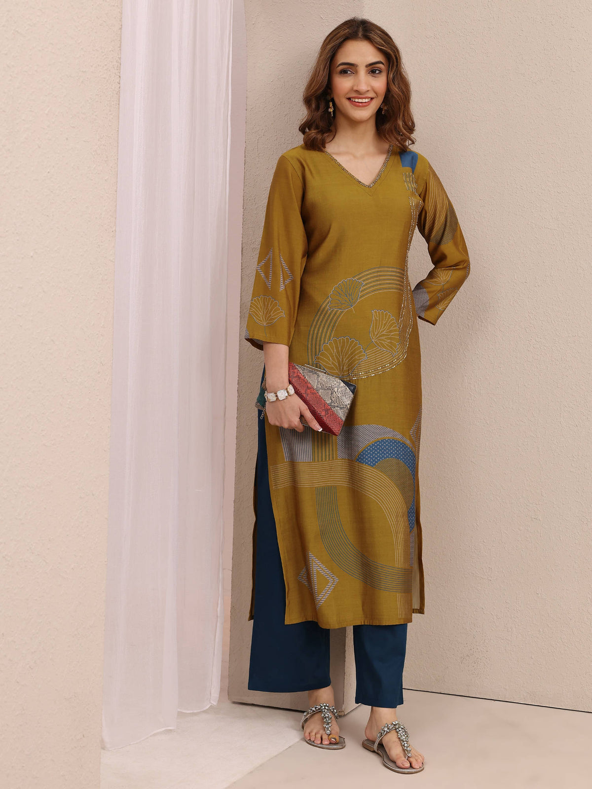 Mustard Geometric and Floral Motifs Printed Straight Kurta | FY93 - view 6