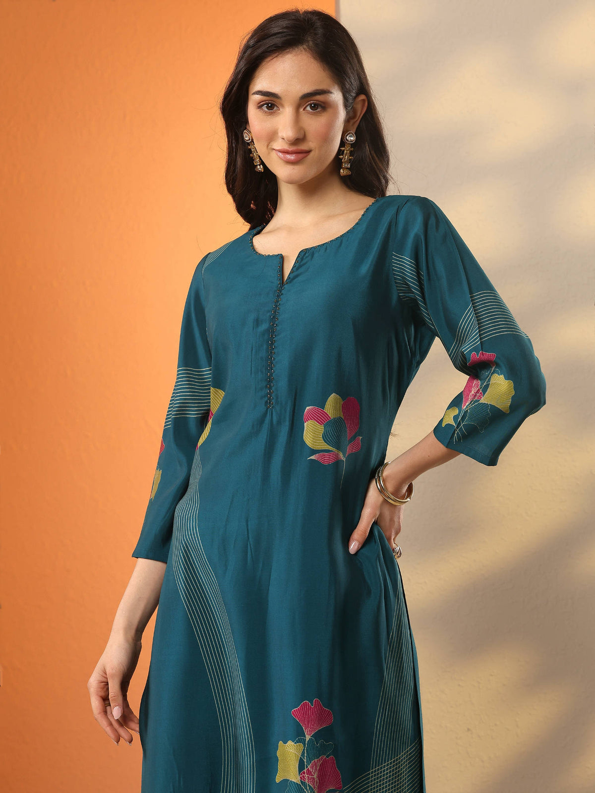 Blue Floral Motifs Printed Straight Kurta | FY93 - view 5