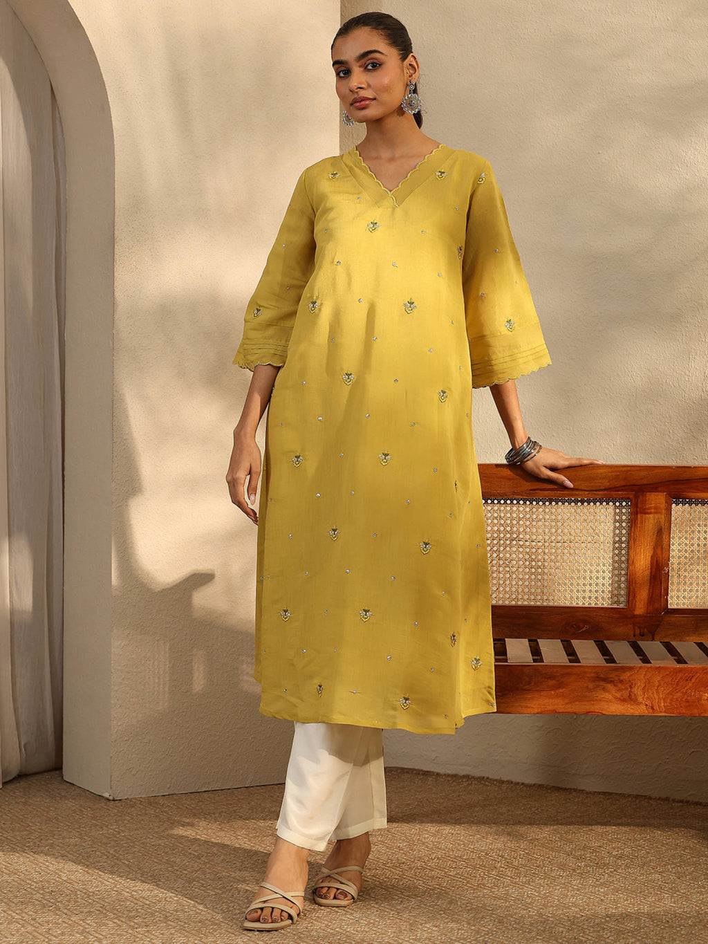 Mustard Floral Motifs Embroidered A-Line Kurta with Pocket and Lining | U3S - view 1
