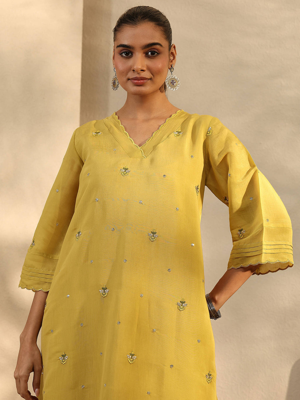Mustard Floral Motifs Embroidered A-Line Kurta with Pocket and Lining | U3S - view 2