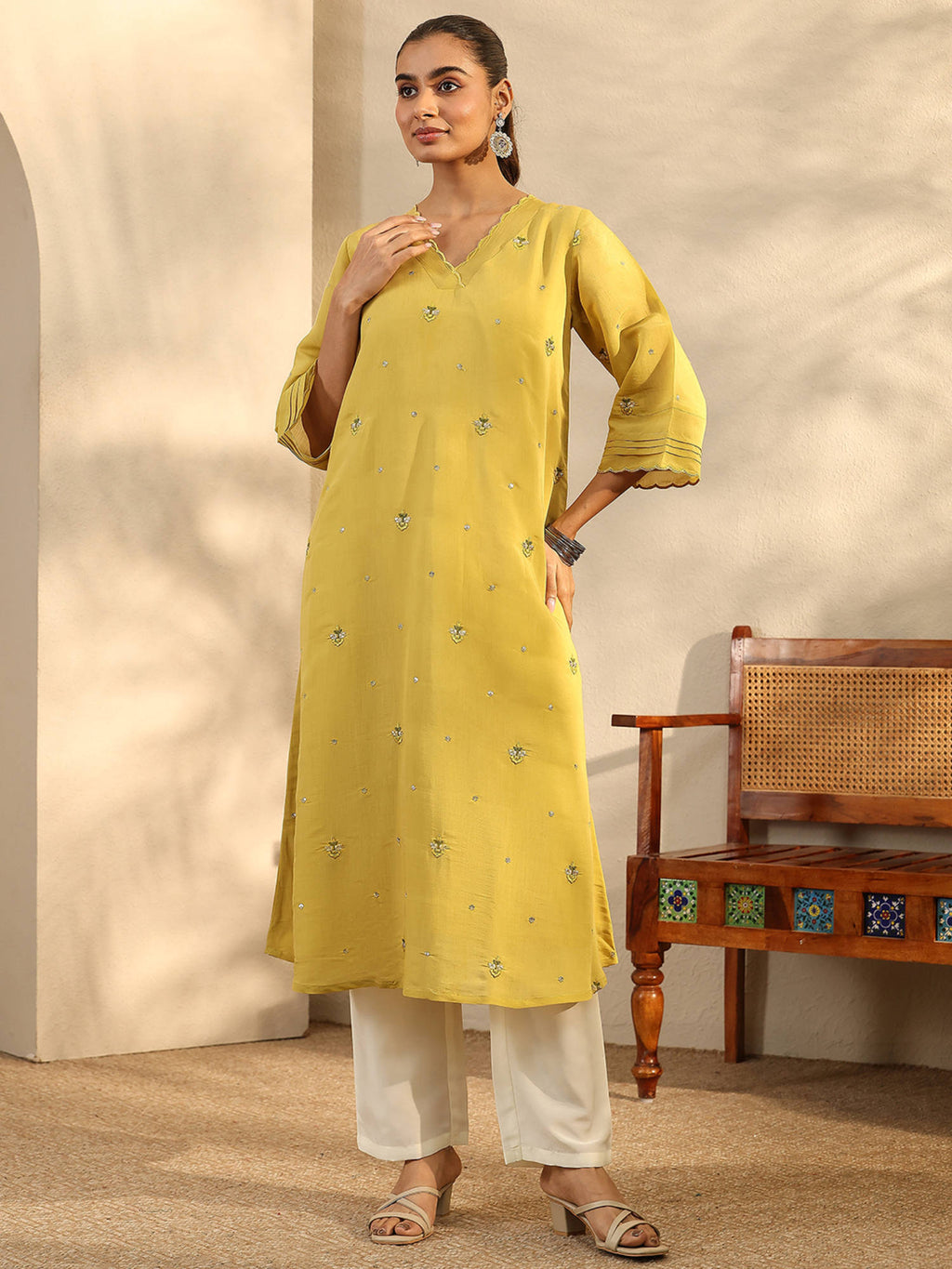 Mustard Floral Motifs Embroidered A-Line Kurta with Pocket and Lining | U3S - view 3