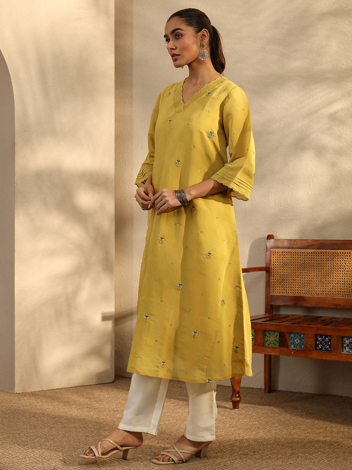 Mustard Floral Motifs Embroidered A-Line Kurta with Pocket and Lining | U3S - view 4