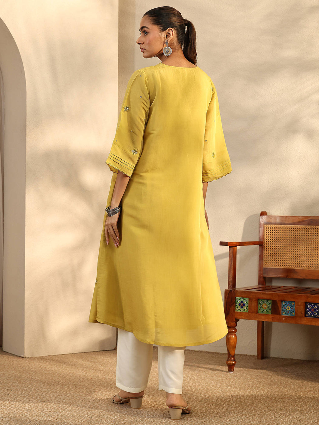 Mustard Floral Motifs Embroidered A-Line Kurta with Pocket and Lining | U3S - view 5