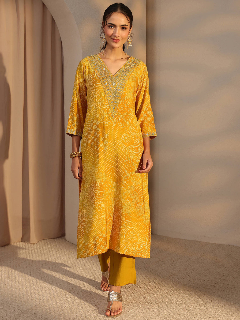 Mustard Bandhani Printed and Zari Embroidered Straight Kurta | KDG - view 1