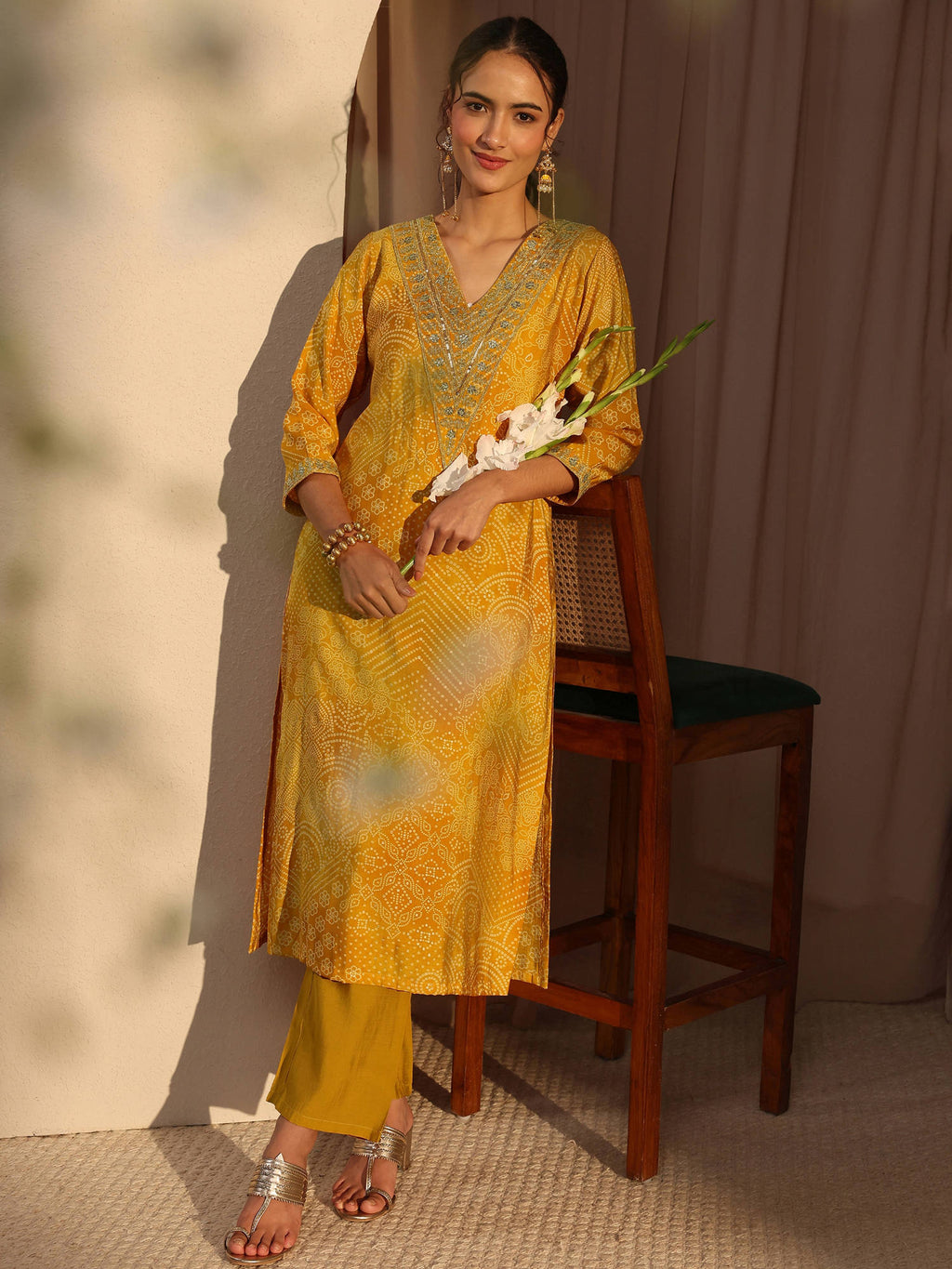 Mustard Bandhani Printed and Zari Embroidered Straight Kurta | FY93 - view 2