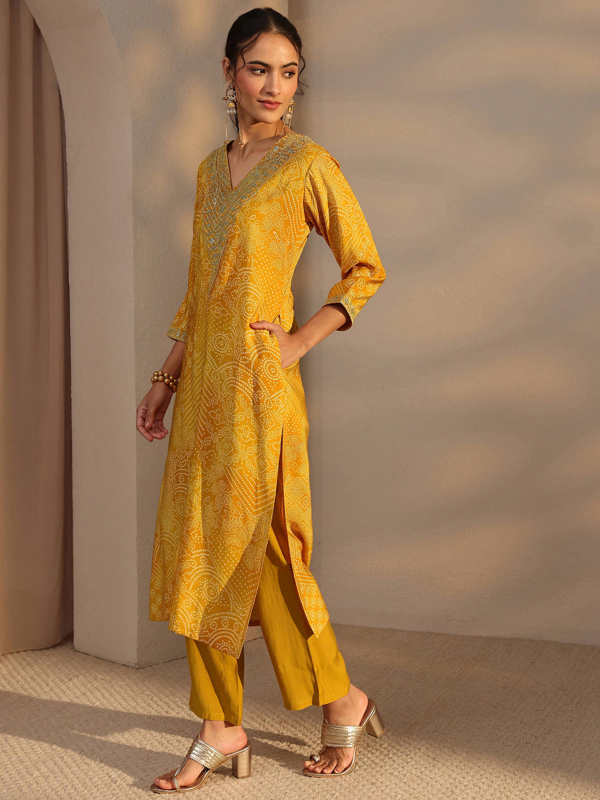Mustard Bandhani Printed and Zari Embroidered Straight Kurta | KDG - view 3