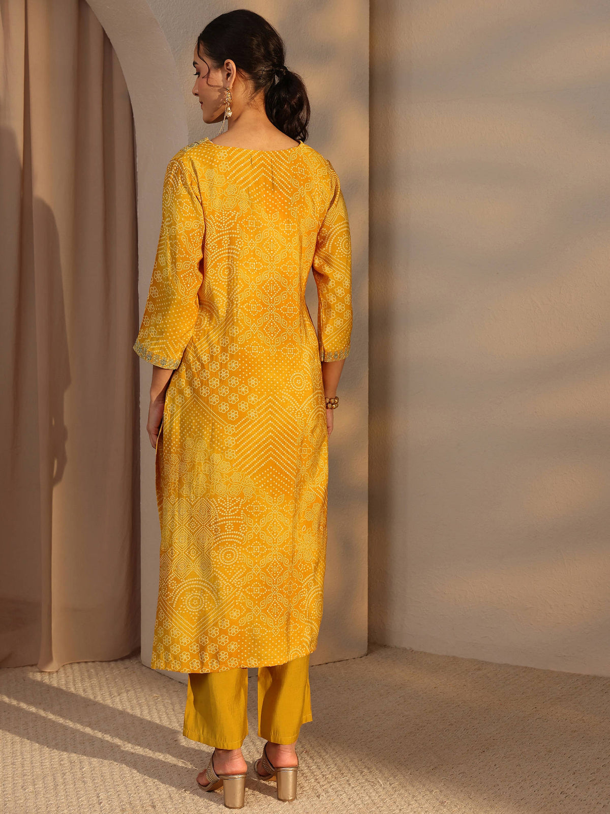 Mustard Bandhani Printed and Zari Embroidered Straight Kurta | FY93 - view 4