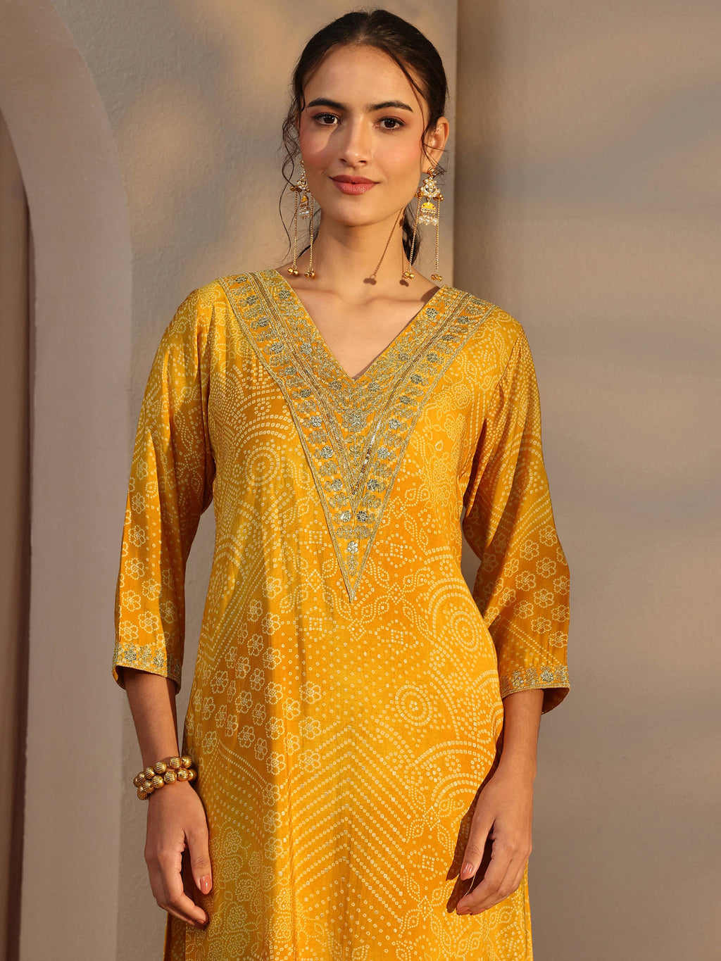Mustard Bandhani Printed and Zari Embroidered Straight Kurta | FY93 - view 5