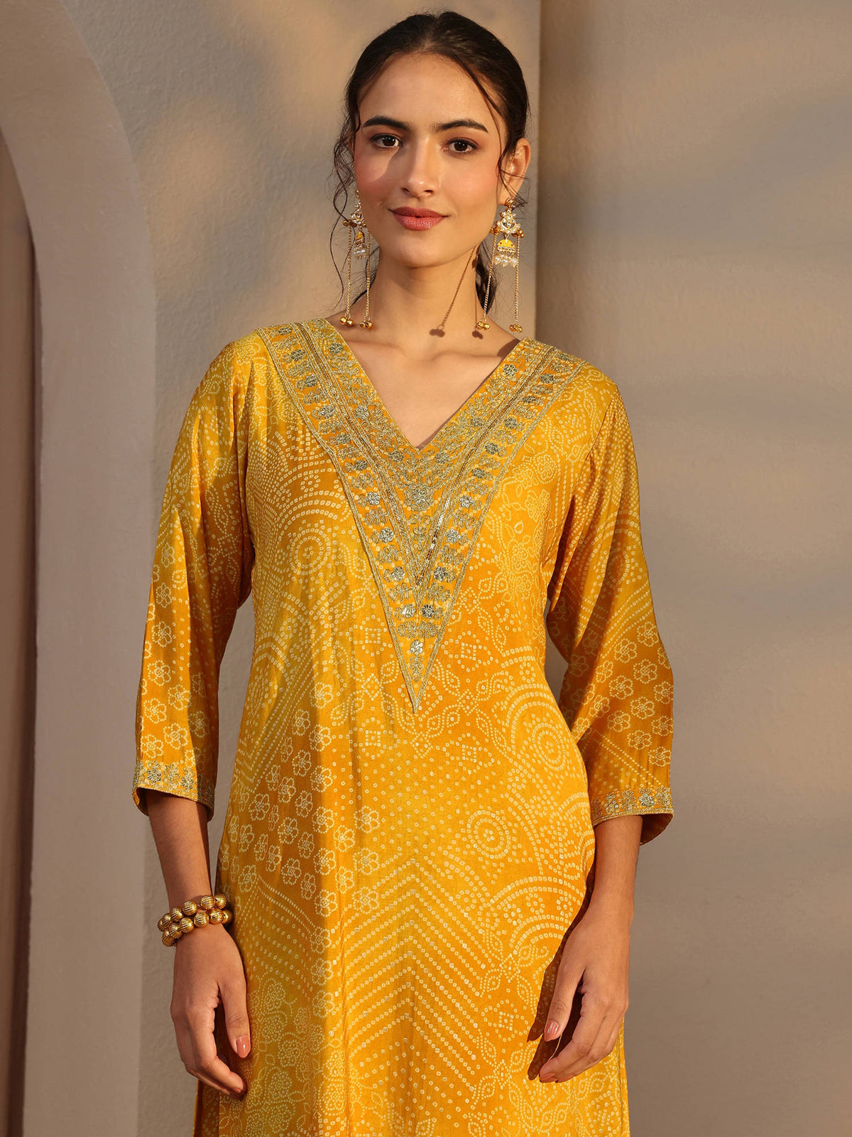 Mustard Bandhani Printed and Zari Embroidered Straight Kurta | FY93 - view 5