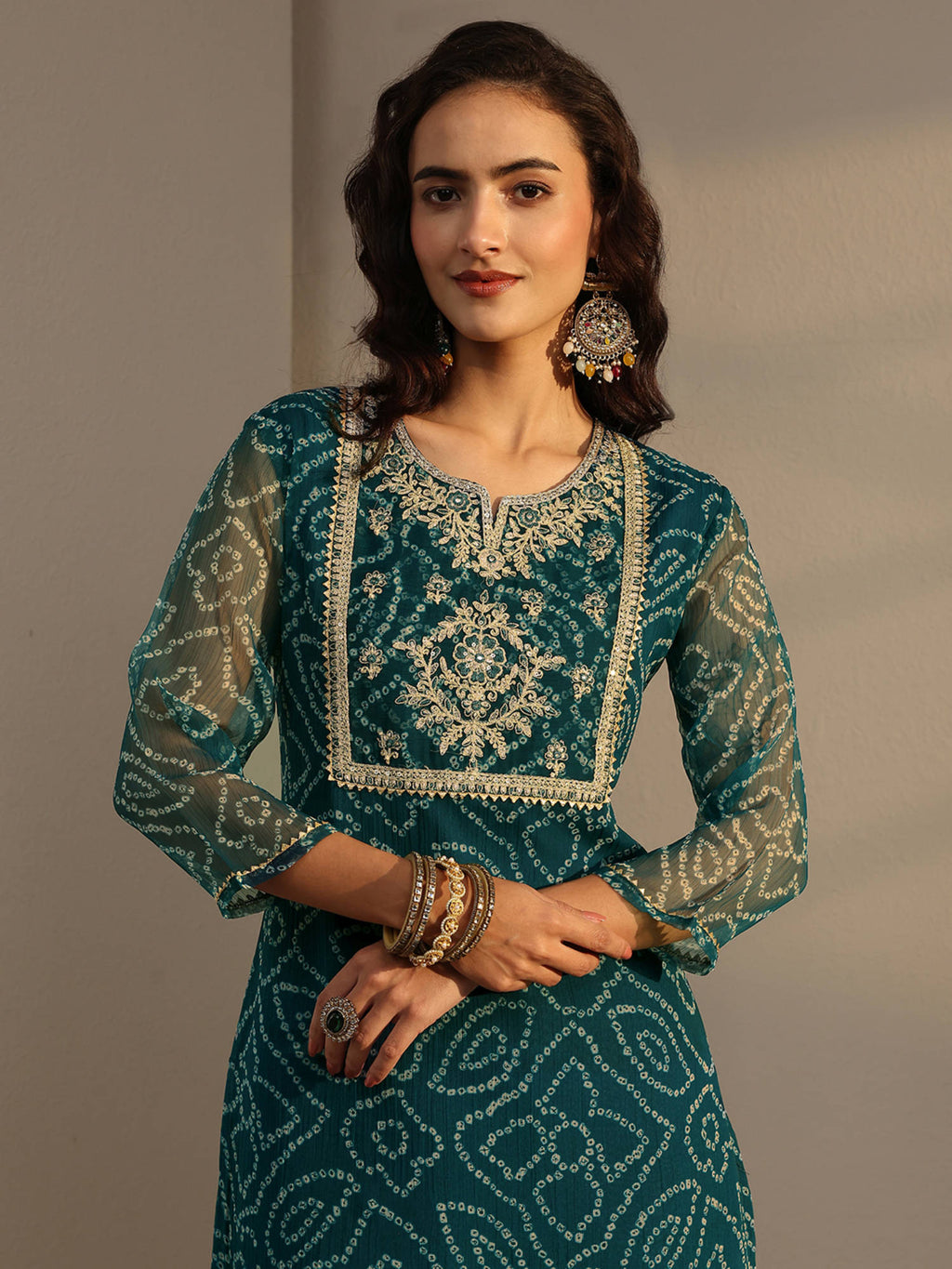 Green Bandhani Printed Straight Kurta with Lining | KDG - view 6