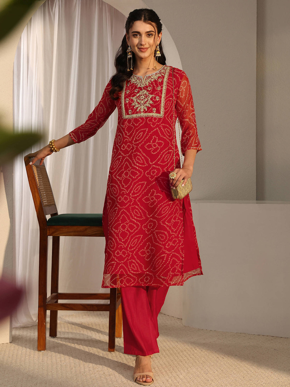 Red Bandhani Printed Straight Kurta with Lining | U3S - view 1