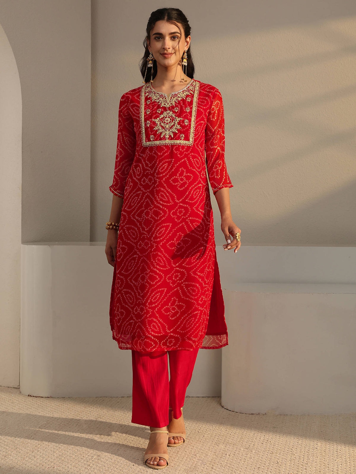 Red Bandhani Printed Straight Kurta with Lining | FY93 - view 2