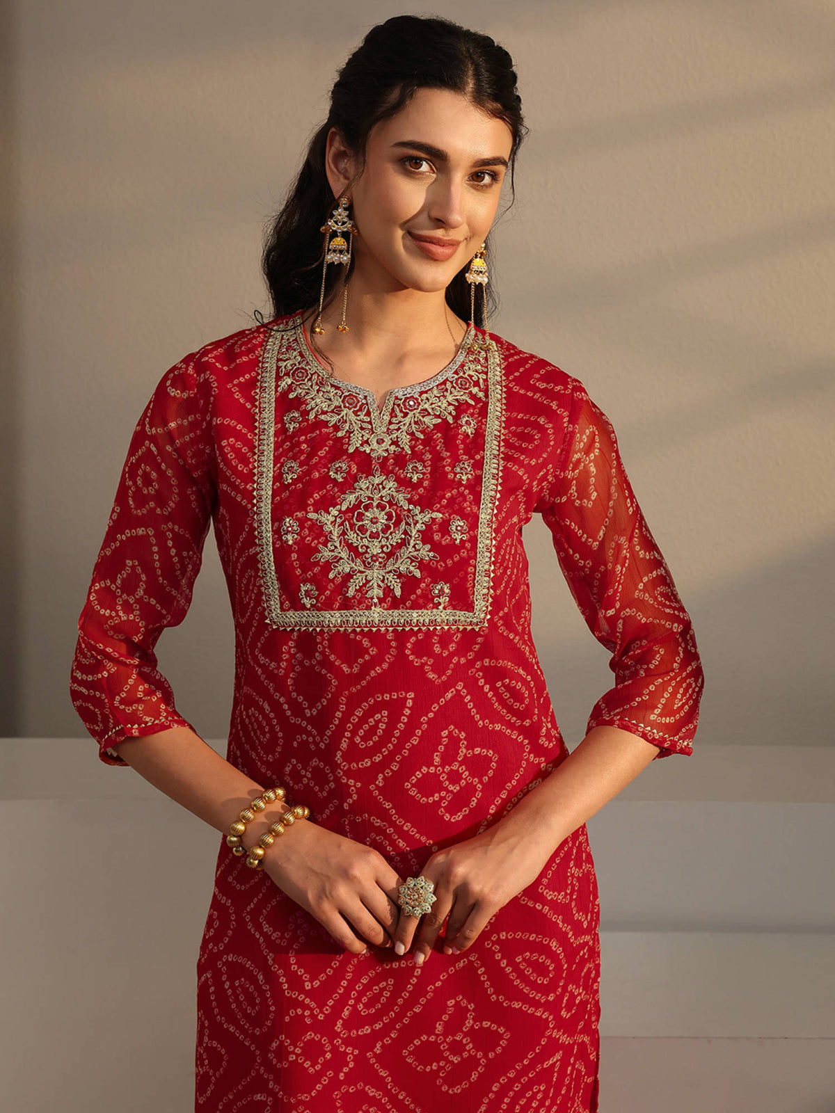 Red Bandhani Printed Straight Kurta with Lining | FY93 - view 5