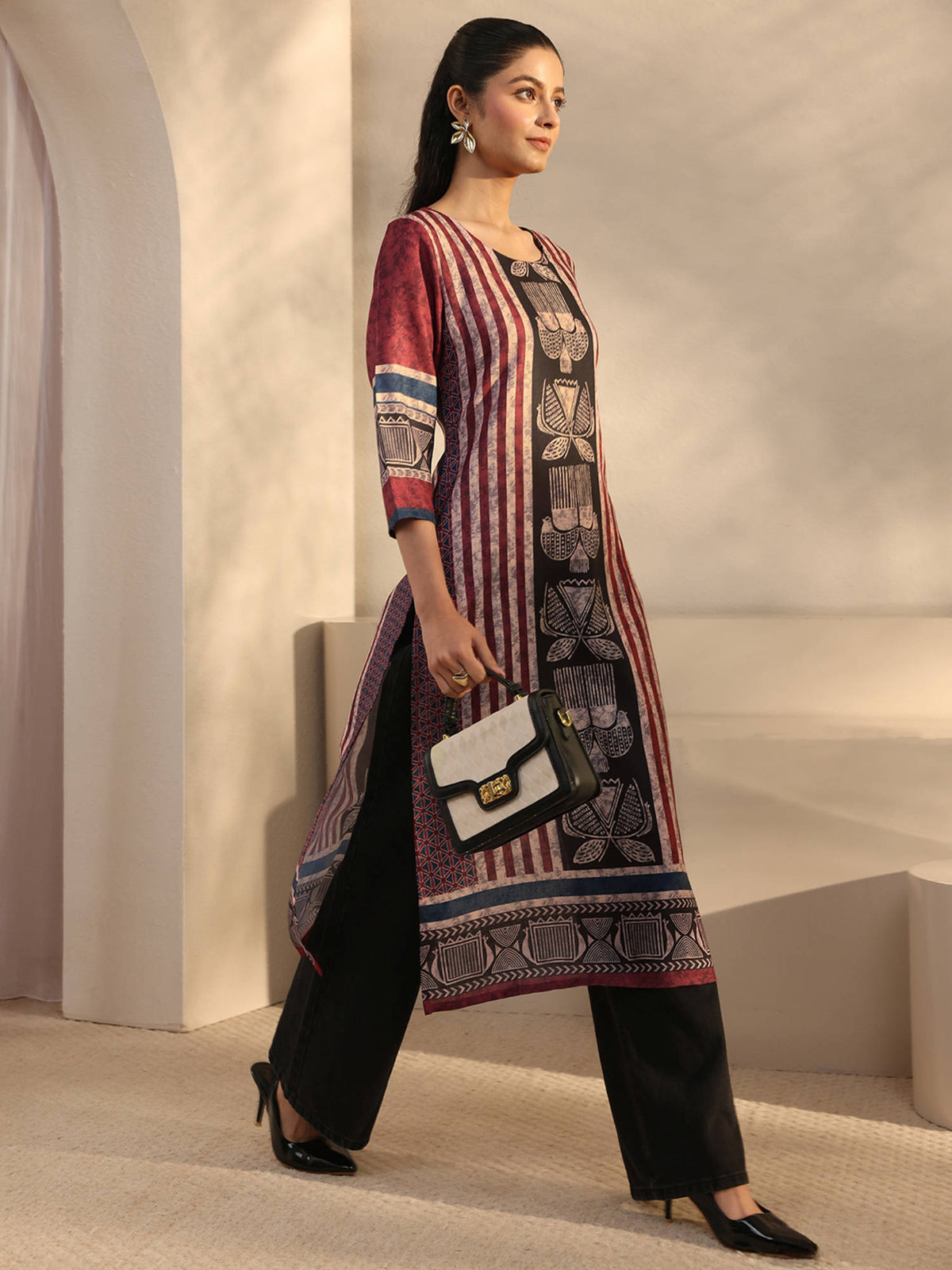 Maroon Striped Printed Straight Kurta | U3S - view 2