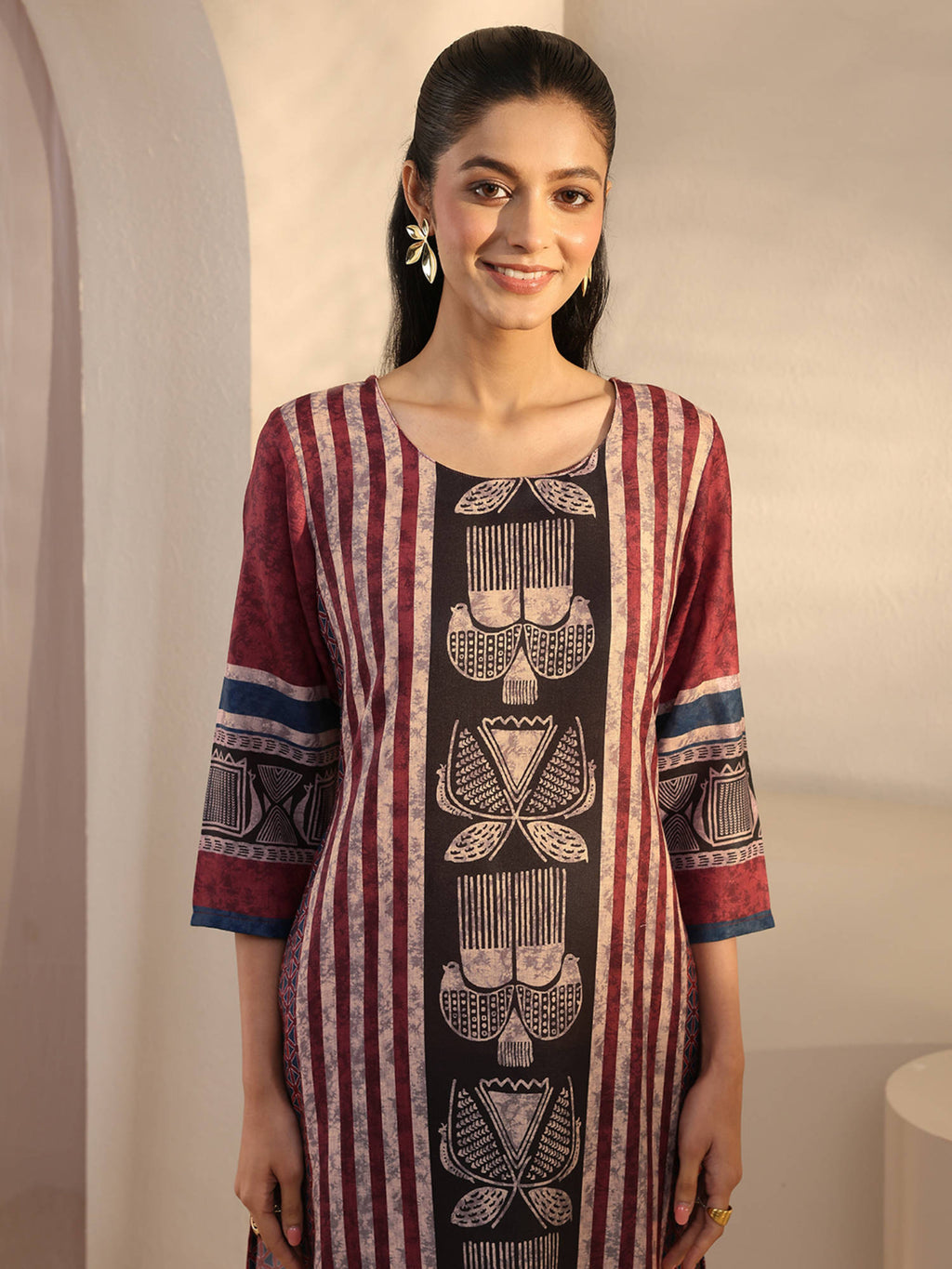 Maroon Striped Printed Straight Kurta | U3S - view 5