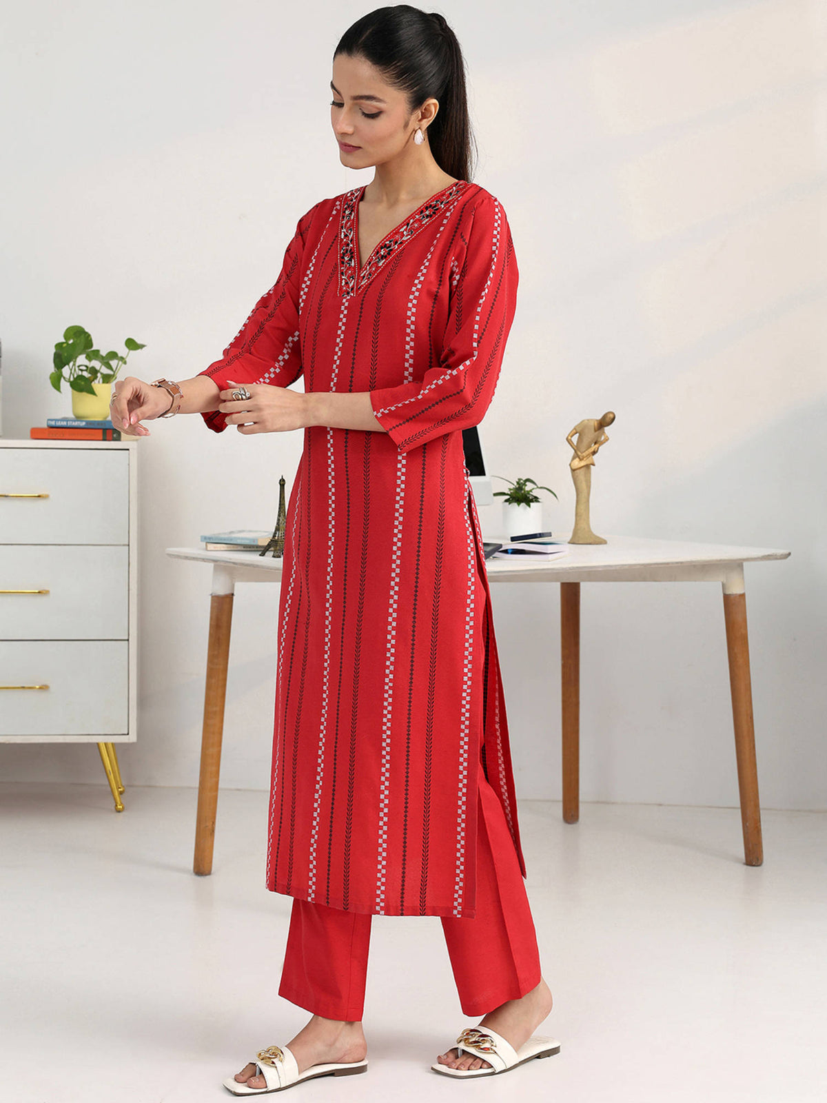 Red Striped Woven Design Cotton Blend Straight Kurta | U3S - view 3