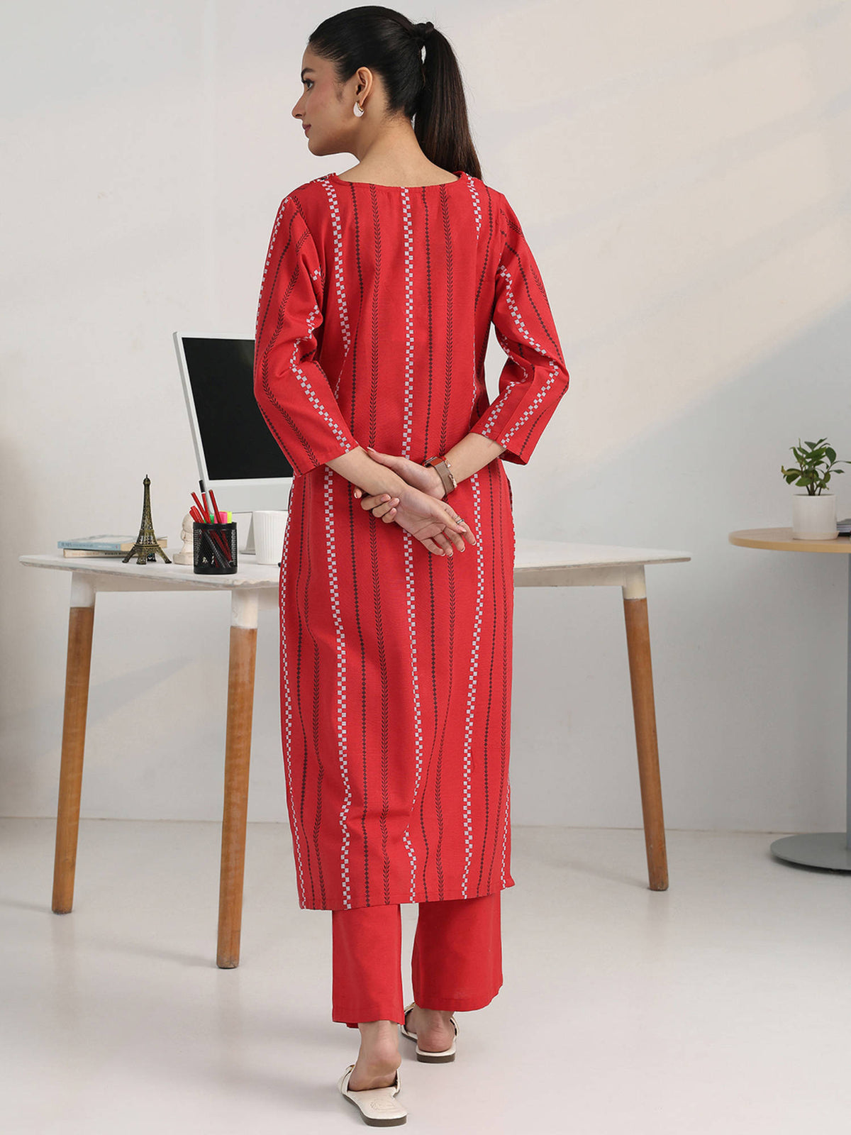 Red Striped Woven Design Cotton Blend Straight Kurta | U3S - view 4