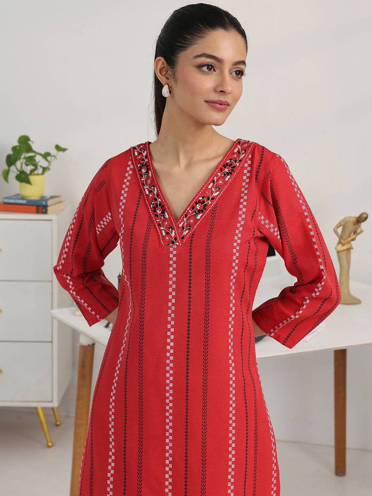 Red Striped Woven Design Cotton Blend Straight Kurta | U3S - view 5